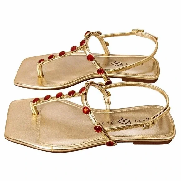 NIB Katy Perry The Camie Gemstone Sandal 5.5 Gold Red Jewels Square Toe Flat - Picture 3 of 11